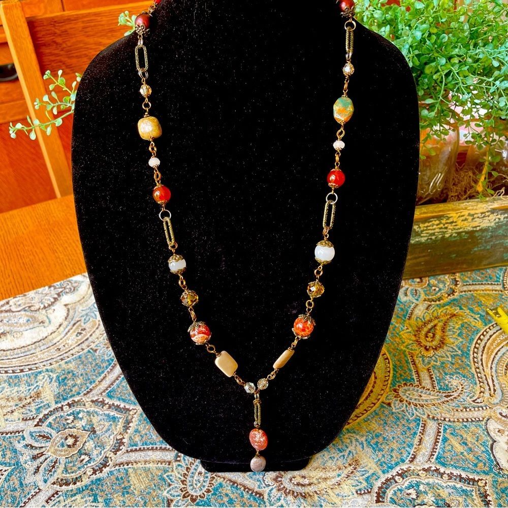 Artisan Mixed Stone Glass Bronze Tone Bead Necklace Boho 2009